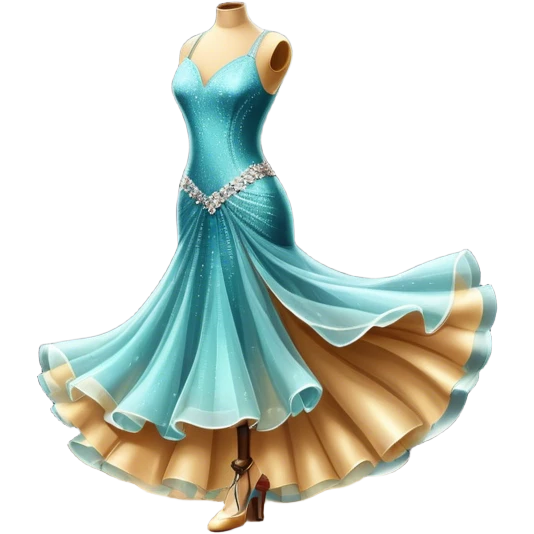 Humanless Icon for Ballroom Dance: elegant ballroom dance shoes, a sparkling dress, and a dance floor with a spotlight. The icon should capture the grace and elegance of ballroom dancing, with emphasis on movement and rhythm. Transparent background. emoji