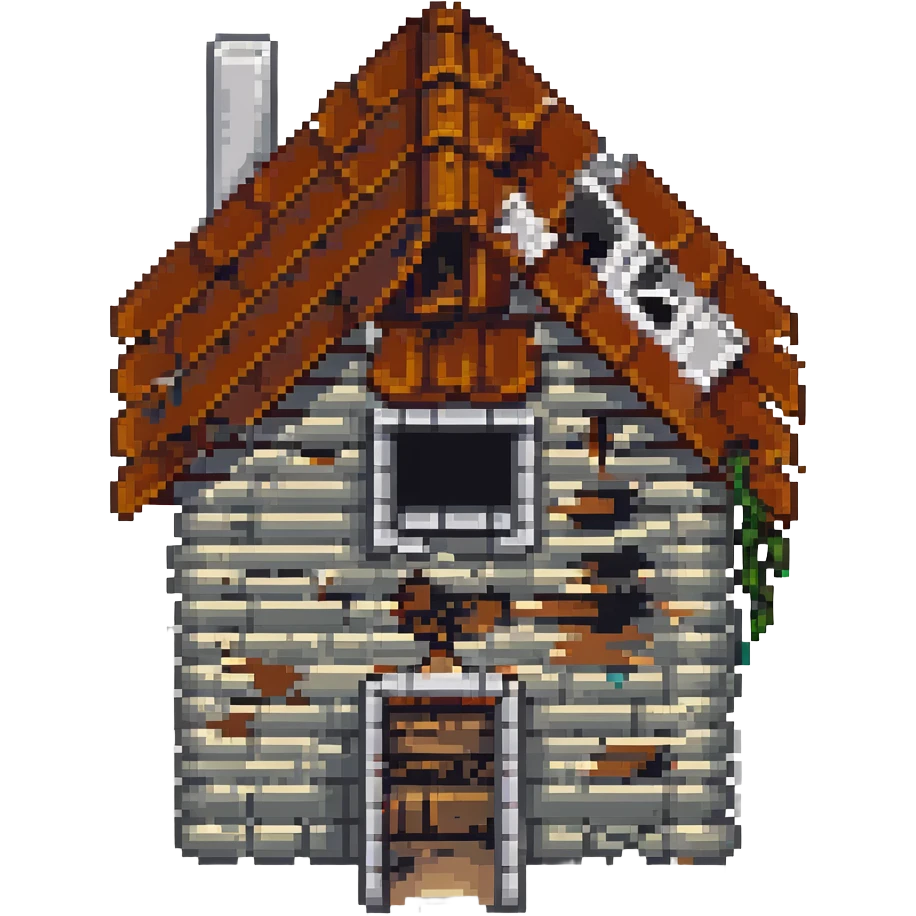 broken down house, simple, small details, missing roof, pixel art style emoji