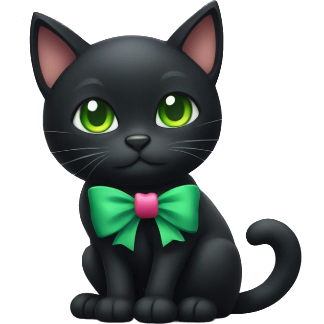 Black cat with green eyes with a bow around its neck emoji