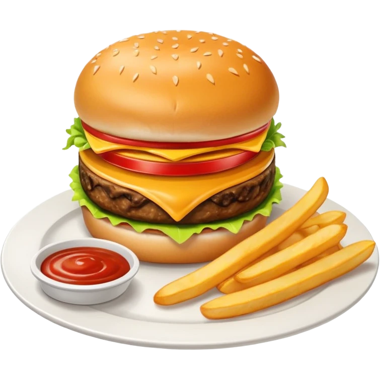 i want a Cheeseburger and Fries with a angle to 15–20° gentle bird’s-eye angle with Sause on white plate  emoji
