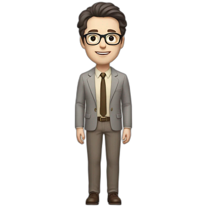 Full height Pale skinned Fit Man With dark brown hair in gray jacket, beige office shirt, tie, Brown pants and vintage glasses. Thrumbs of his palms directed up emoji