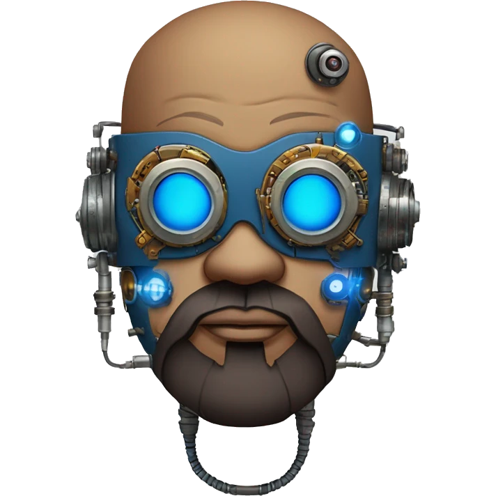 Bearded Fat bald cyborg head with brown skin, blue steampunk goggles and circuits emoji