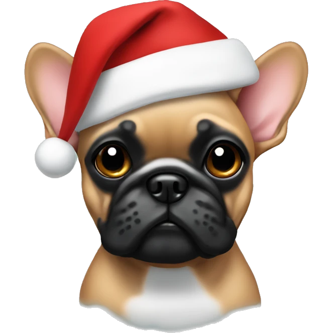 Fawn with black mask Frenchie wearing a Santa hat emoji