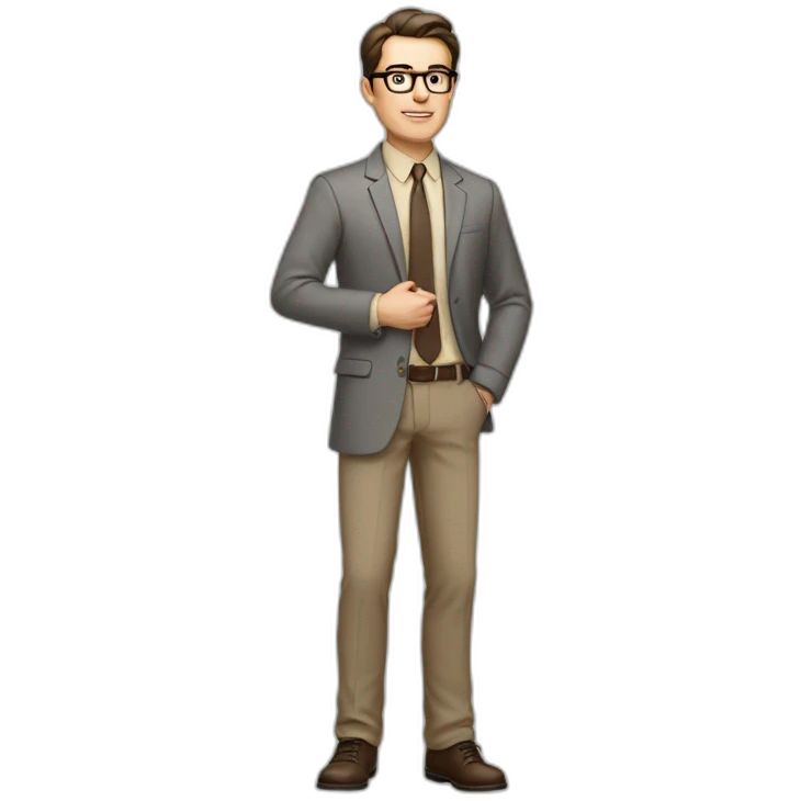 Full height Actively Gesturing Pale skinned fit man with dark brown hair in gray jacket, beige office shirt, brown tie, brown pants and vintage glasses. emoji
