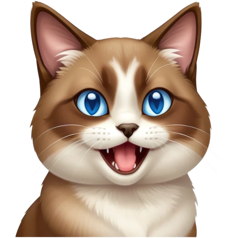 Cinematic Cute Yawning Brown Mantle Snowshoe Cat Portrait Emoji, Head tilted slightly with a dramatic, wide-open yawn, smooth brown fur draping elegantly over its back with contrasting white paws, chest, and facial markings, piercing icy-blue eyes that are barely open, Simplified yet irresistibly adorable features, highly detailed, glowing with a soft, cozy glow, high shine, relaxed yet expressive, stylized with a touch of whimsy, bright and endearing, soft glowing outline, capturing the essence of a sleepy yet affectionate kitty, so drowsy it feels like it could stretch right out of the screen and curl up for a nap! emoji