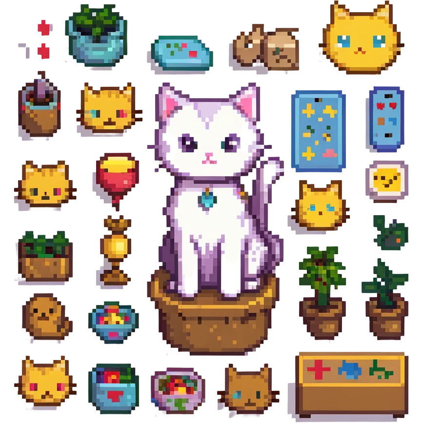 pixel art kitty surrounded by emoji sketches, playful scene emoji