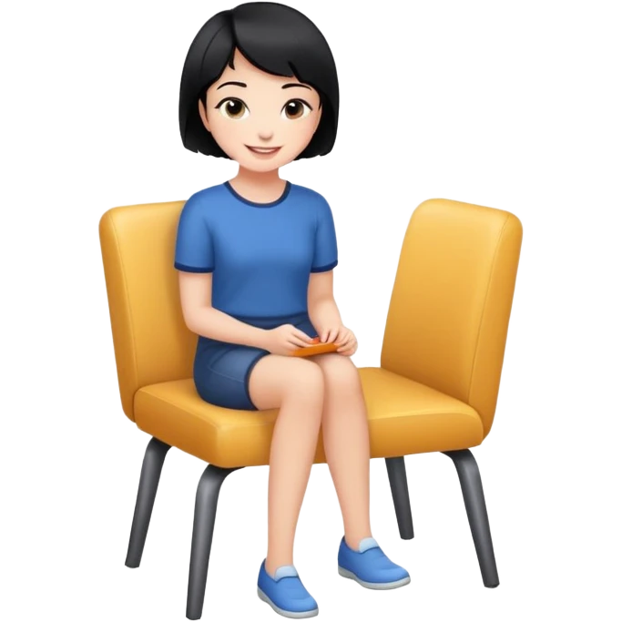 Girl with short black hair smiling sitting on a chair emoji