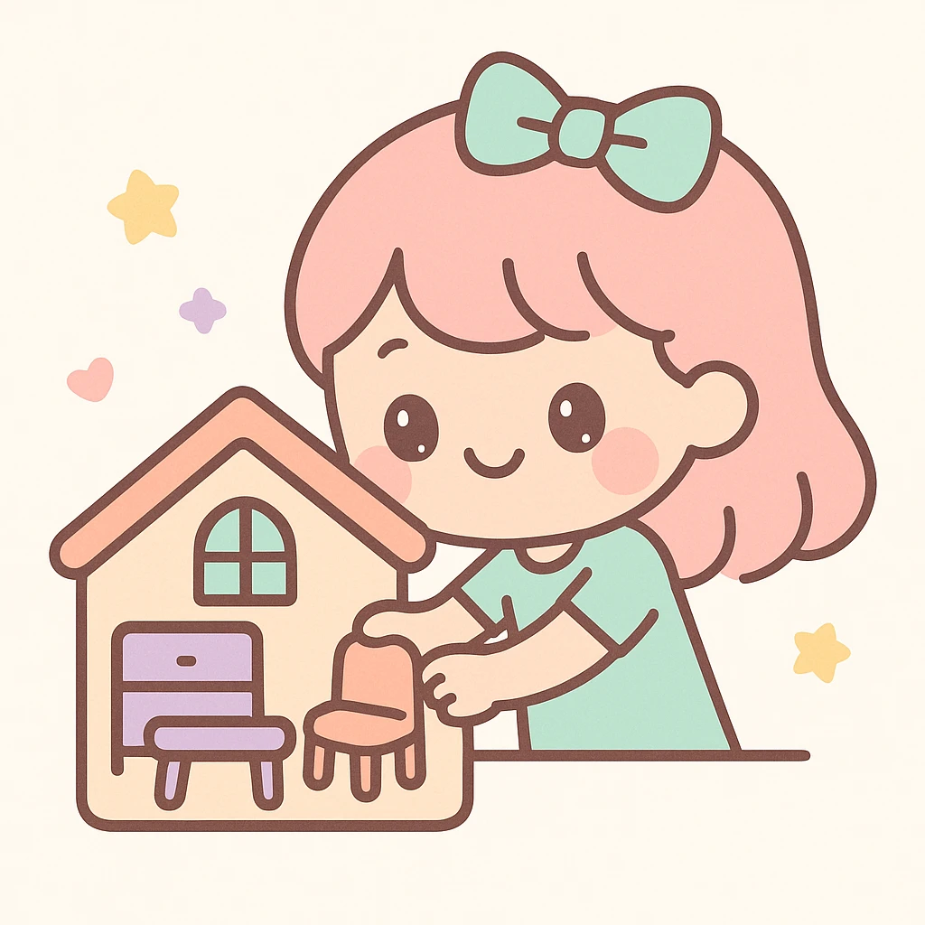 smiling girl arranging furniture in doll house emoji