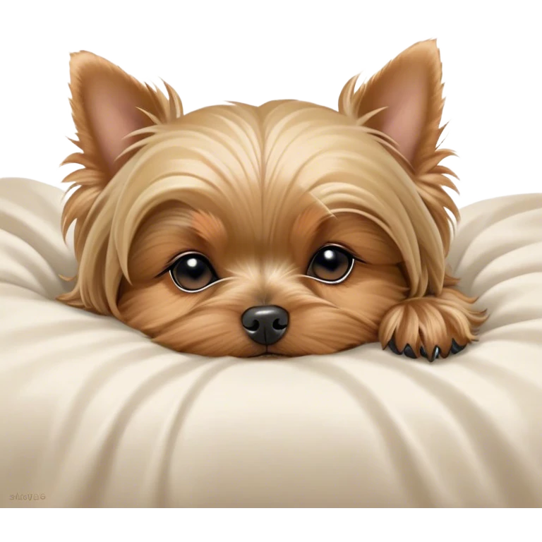 Meme-Worthy Cute Sleeping Yorkshire Terrier Portrait Emoji, Head resting gently with a peaceful, contented expression and softly closed, dreamy eyes, featuring a well-groomed, silky fur in rich hues, simplified yet irresistibly endearing, highly detailed, glowing with a gentle, drowsy radiance, high shine, exuding relaxed, heart-melting charm, styled with a soft glowing outline, capturing the essence of a sleeping Yorkshire Terrier that looks as if it could drift off into a sweet, meme-worthy slumber! emoji