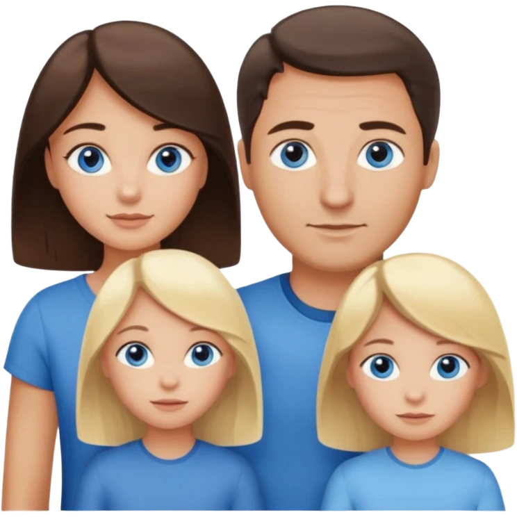 Family portrait with father with dark brown hair and blue eyes, mother with light brown hair and blue eyes, three blonde little girls with blue eyes emoji