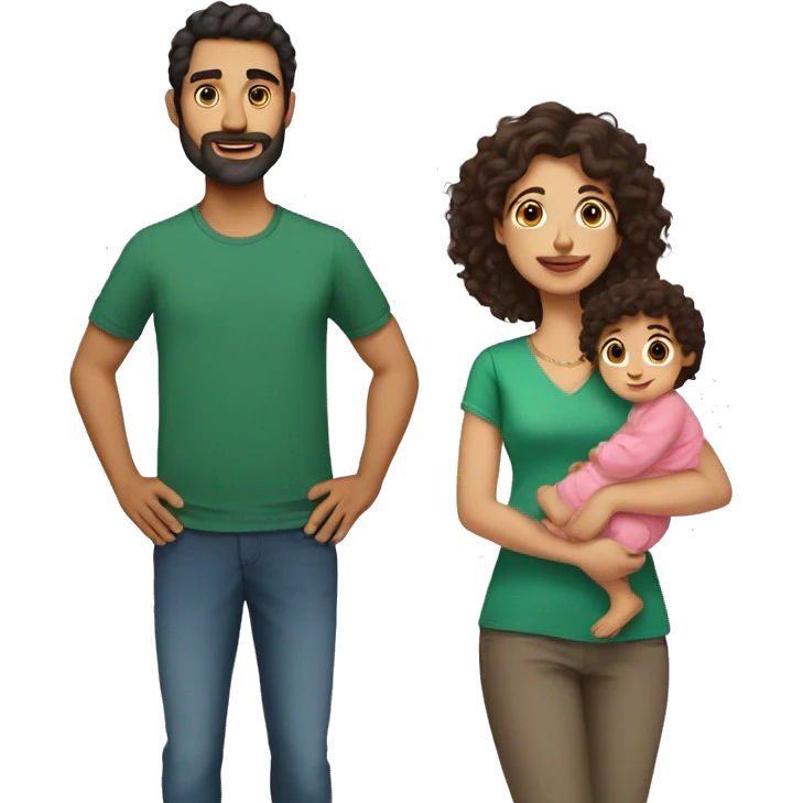 pakistani mom with long brown curly hair and pakistani dad with short black curly hair holding a pakistani baby emoji