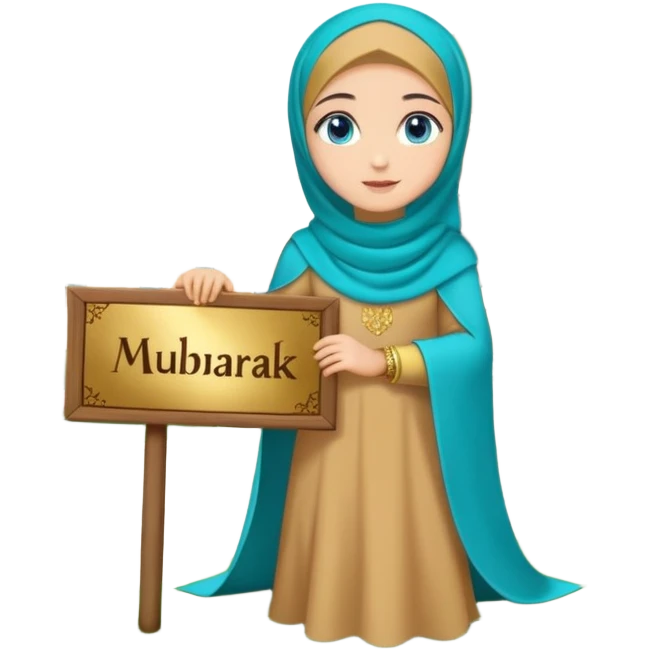 Turkish beautiful finish Konya girl blue eyes with gold hijab and islamic long tailed turquoise dress on the ground at her home garden and had on her hand text Eid Mubarak  emoji