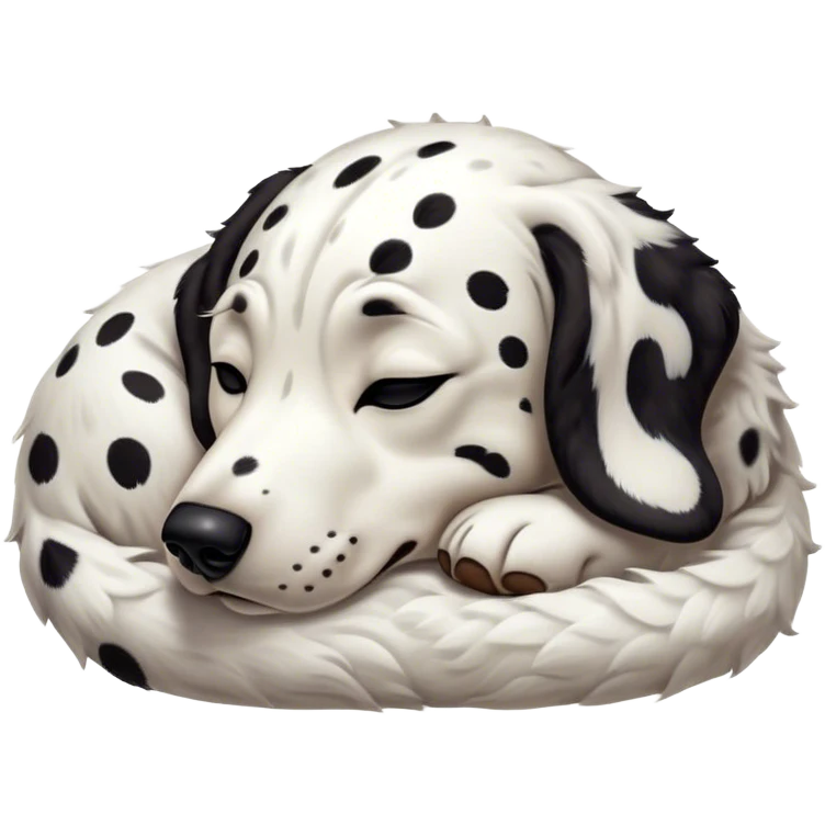 Meme-Worthy Cute Sleeping Spotted Dalmatian Portrait Emoji, Head resting peacefully with a contented smile, showcasing a delightfully majestic build and a luxuriously soft Fur of predominantly white with bold black patches, eyes shut in a serene nap, Simplified yet hilariously adorable features, highly detailed, glowing with a soft, drowsy light, high shine, relaxed and utterly lovable, stylized with an air of playful laziness, bright and heartwarming, soft glowing outline, capturing the essence of a comically sleepy guardian, so meme-worthy it feels like it could instantly become the next viral sensation of adorable slumber! emoji