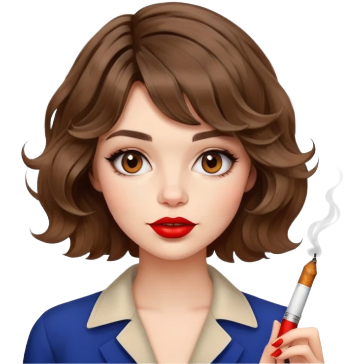 Alluring French girl french shiny brown wavy textured bob haircut tousled hair red lips and cigarette emoji