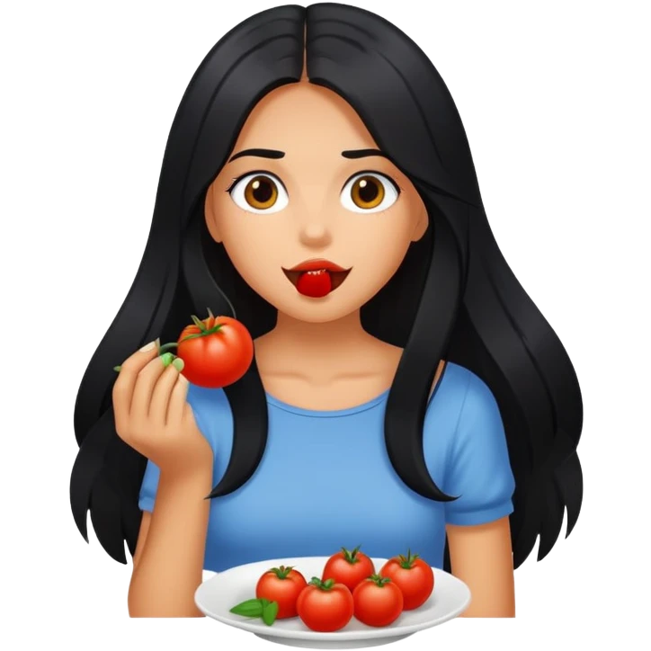 Pretty tanned girl with long black hair, eating tomatoes emoji