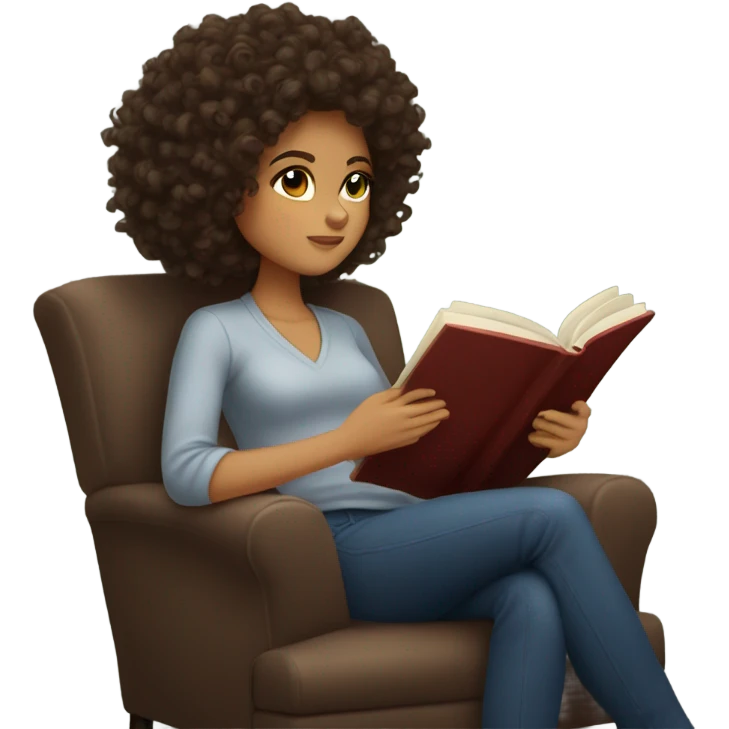 brunette curly hair reading a book in a chair cozy aesthetic emoji