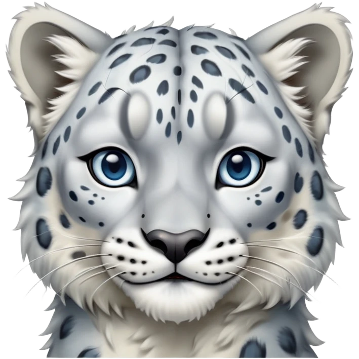 Cinematic-Comical-Snow-Leopard-Portrait-Emoji – Head tilted dramatically with an exaggeratedly amused expression, featuring a thick, spotted white-and-grey coat with a dense ruff around the neck, wide, piercing icy blue eyes filled with playful disbelief zoomed out showing the shoulders emoji