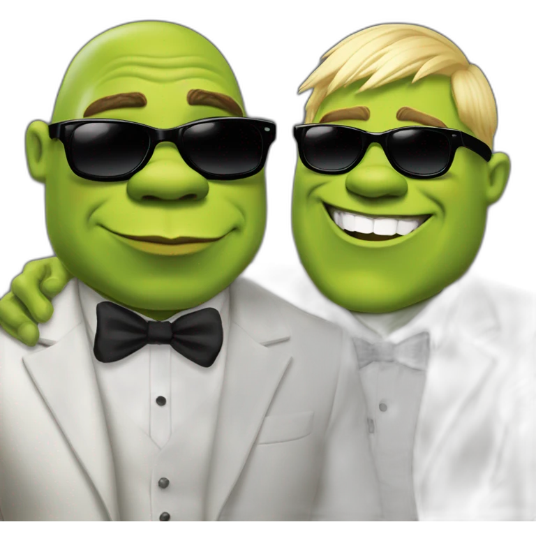 super hot shrek kissing with white-guy-wearing-suit-with-short blonde-hair-and-black-sunglasses emoji
