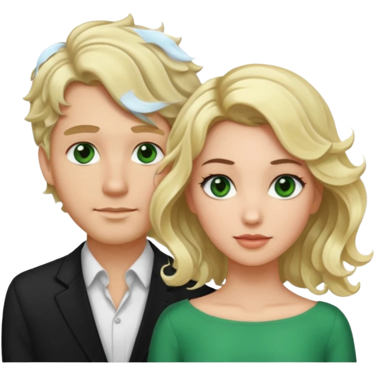 esposos, mujer rubia  y pelo semi tomado ondulado, hombre de pelo negro con un mechon blanco ondulado, atractivo de ojos verdes emoji