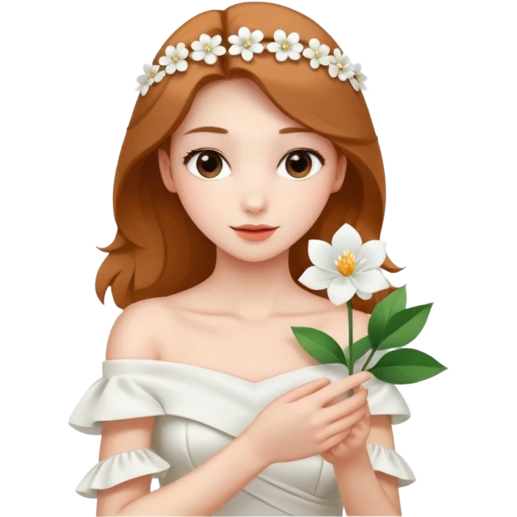 Pretty lady wearing a white silky off-the-shoulder folded neckline and holding a white flower on her right hand emoji