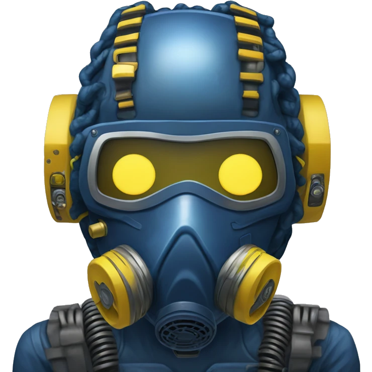 Dark Blue curly hair cyborg head with yellow respirator mask and circuitry emoji