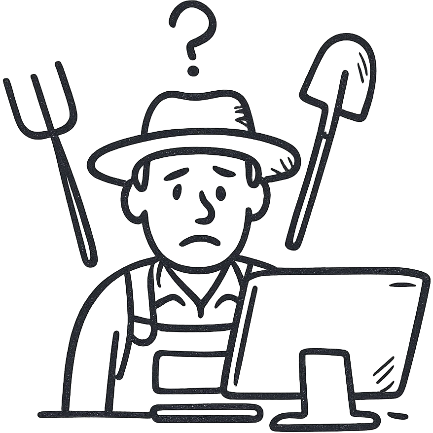 A farmer with a straw hat, surrounded by farm tools, staring at a computer screen in confusion, in a hand-drawn style emoji