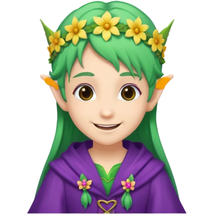 green hair elves, wearing purple with flower crowns emoji
