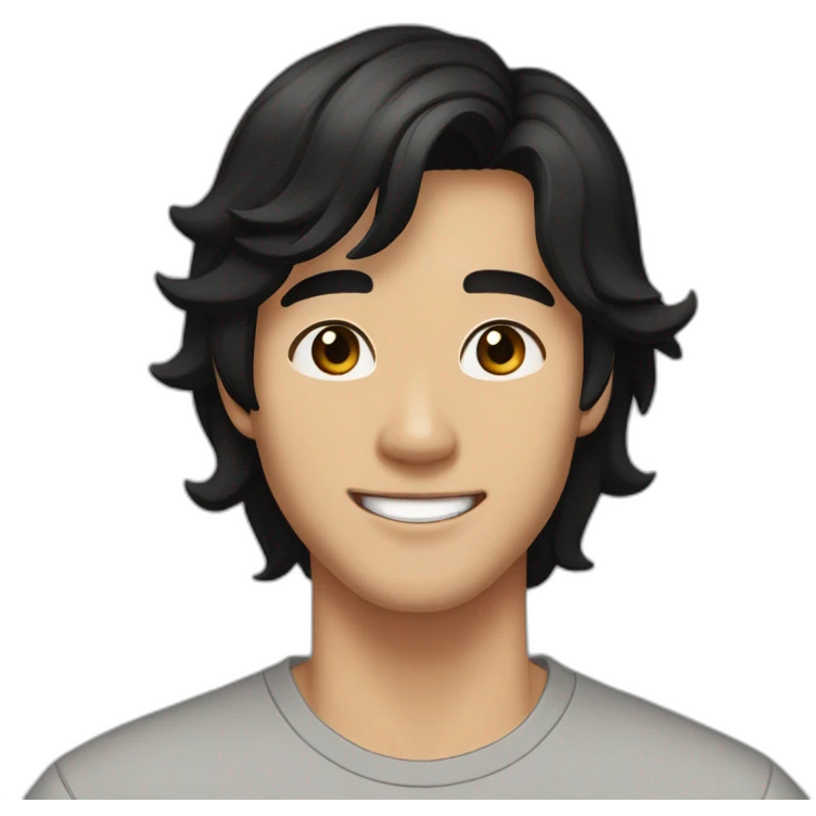 guy, black hair, medium length hair, in his 20s, very asian, smiling, t-shirt only, slight brown skin, dark brown eyes, slighty wavy hair emoji