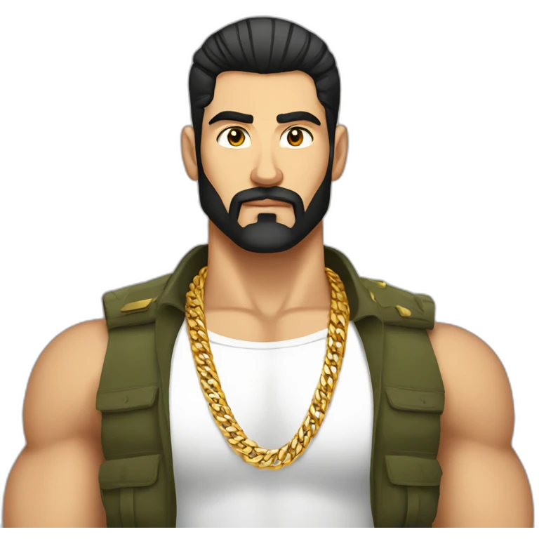 russian strong man thug wearing gold chain with black hair and a short beardand military hairstyle emoji