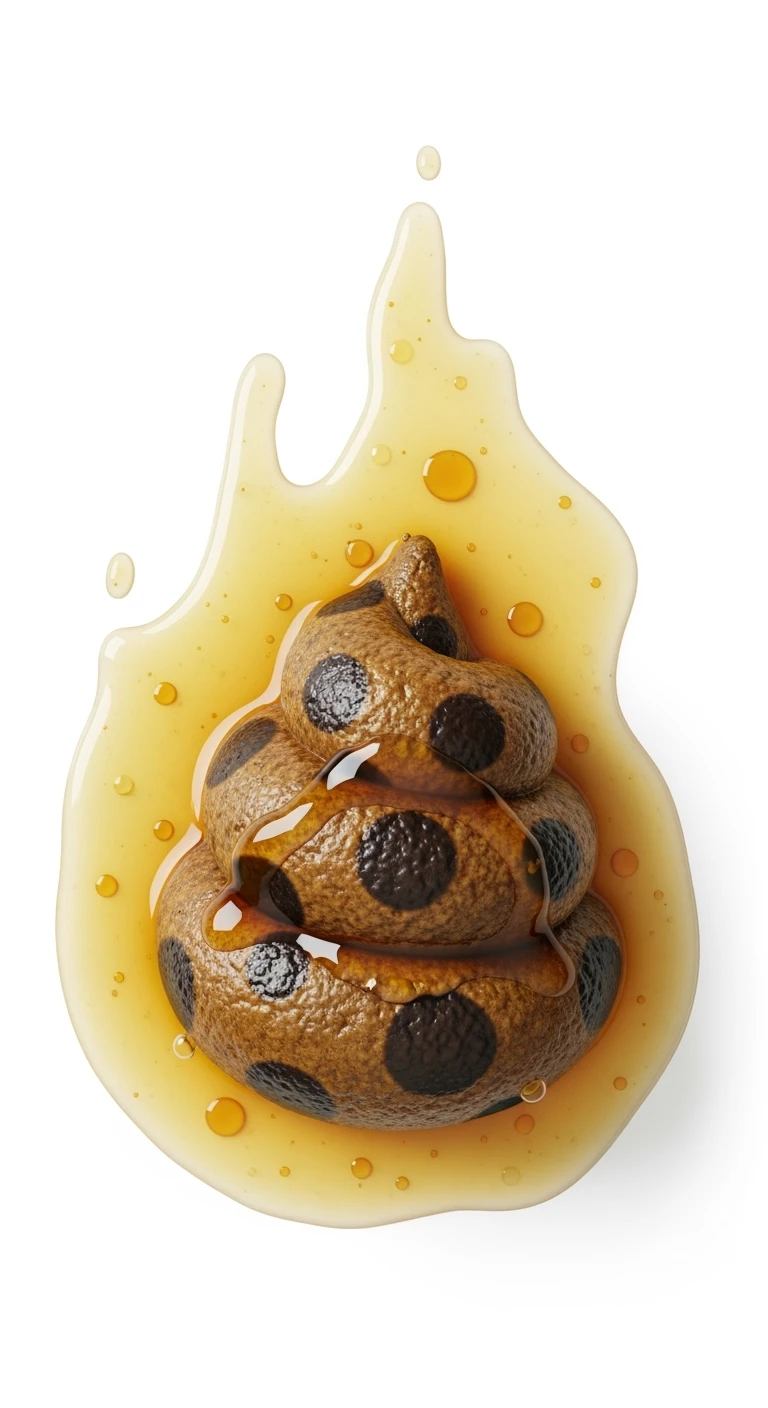 feci di animale a pallini mischiate con feci liquide e gialline viste dall'alto, iperrealistico 4k, ISOLATA SU SFONDO BIANCO emoji