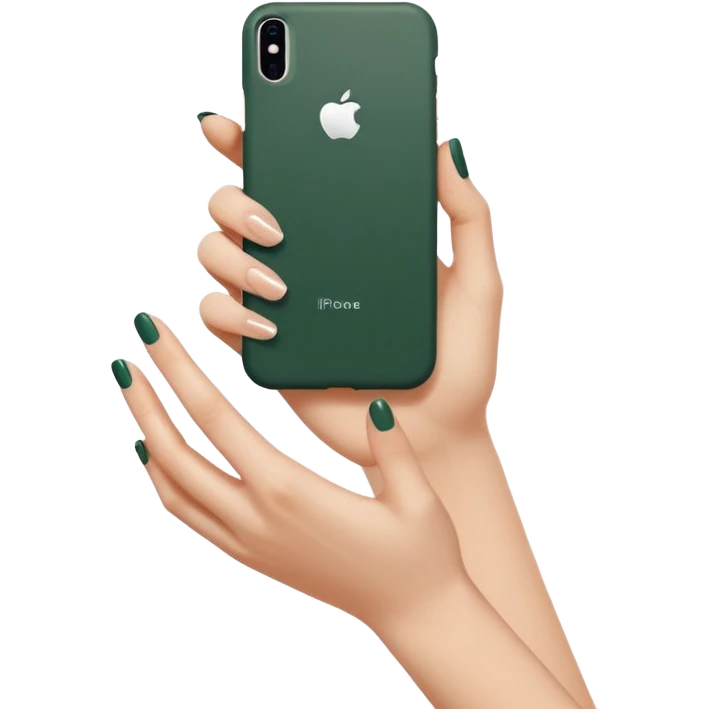 female hand with nude manicure (5 fingers) holding a white iPhone in a dark green case, minimalism, side view, emoji style emoji