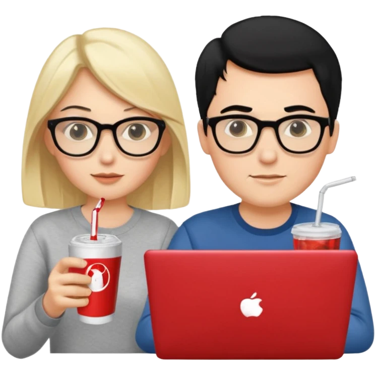 Hombre blanco con gafas, pelo negro tomando un refresco frente a un ordenador con ropa de sport, mujer rubia en la pantalla del ordenador tomando café emoji