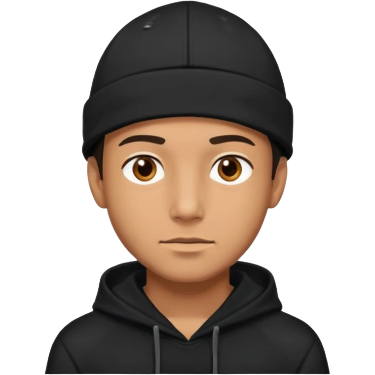 Guy wearing a black hoodie and a black cap his eyes hunter eyes brown and his skin white but tanned  emoji