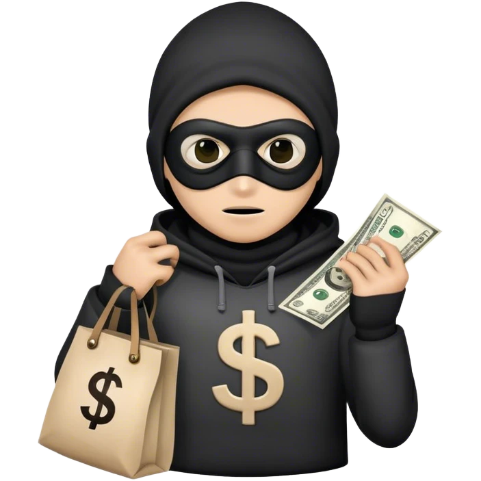 a thief boy with a bag in his hand with a dollar in the middle of the bag and a mask on his eyes emoji