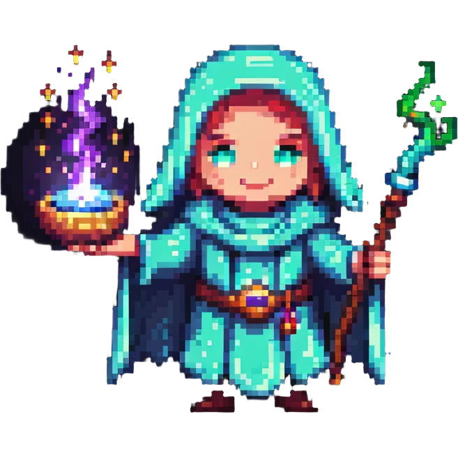 pixel art character casting a magic spell with glowing effects emoji