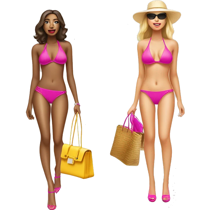 two women in bikinis with 6 inch hot pink heels and birkin bags emoji