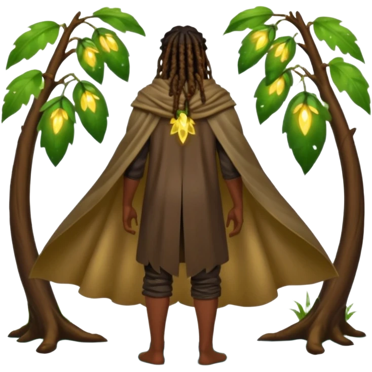 full body woodland character, dark skin man with dreadlocks, from behind, open back leaf cloak, wet skin shine, fireflies around emoji