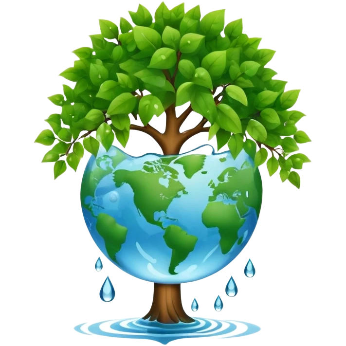 An icon featuring a tree, a recycling symbol, and a globe, representing ecology. The design includes green leaves, a water droplet, and wildlife, symbolizing the study of ecosystems, sustainability, and environmental protection. Transparent background. emoji