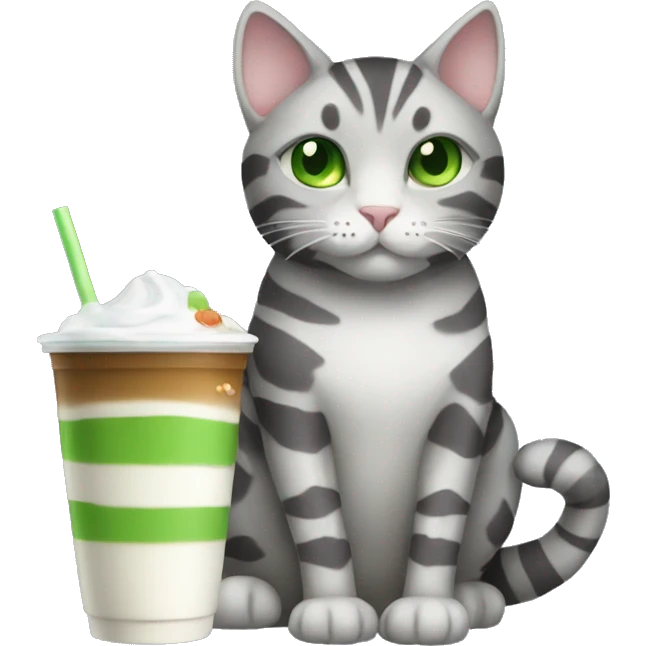 A striped grey cat with green eyes drinking boba emoji