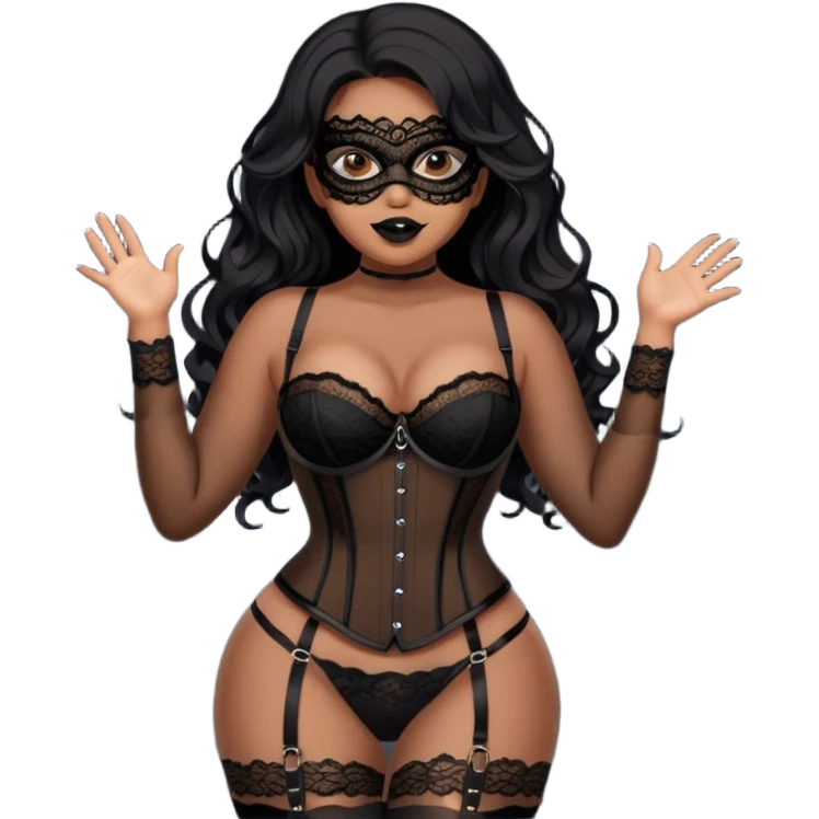Curvy woman with brown skin with long wavy black hair, dark brown eyes. She's wearing a see through black lace corset, black lace thong, black stockings and suspender belt, wearing a scream mask emoji