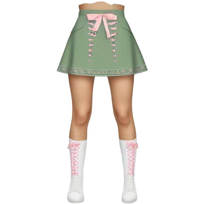 Sage green a-line mini skirt with pink lace up on the sides and bows and embroidery, isolated emoji