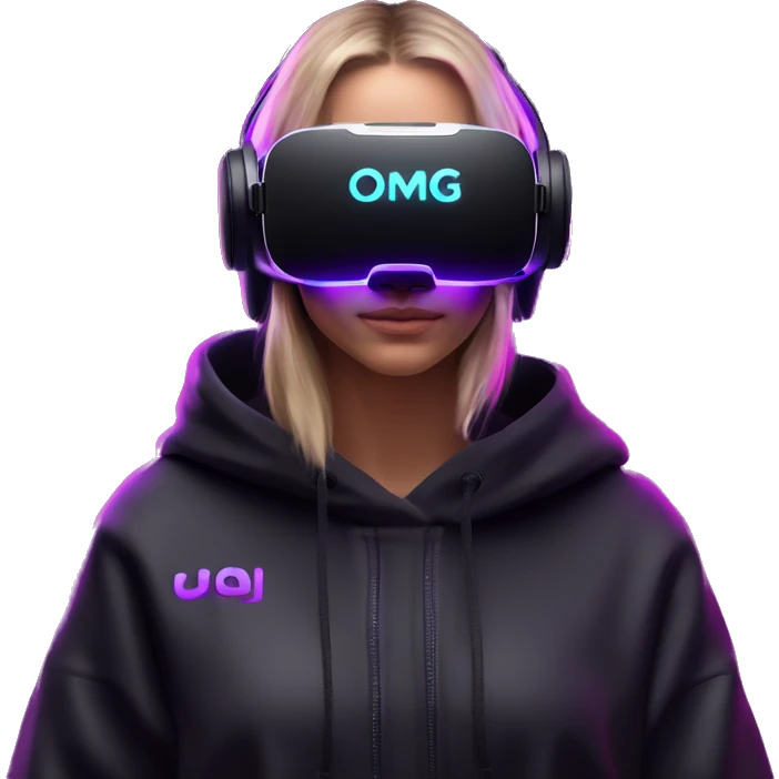Russian girl wearing black hoody with violet letters "OMG", in vr headset oculus quest2. Standing like jedi. Cyberpunk style. Violet neon. emoji