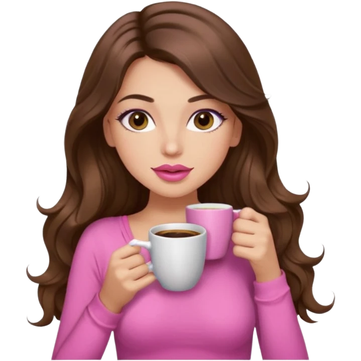 girl with long wavy brown hair, brown eyes, long lashes, pink lips, light to medium complexion, pink sexy top, sipping coffee emoji