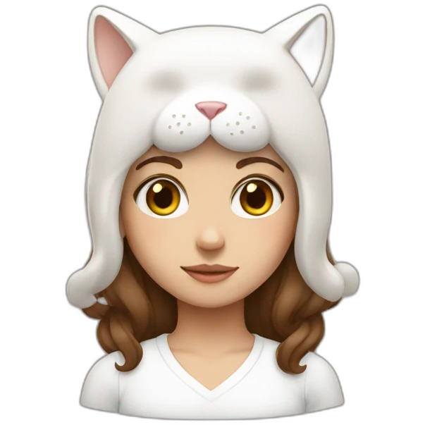 Brown hair girl with white cat on head emoji