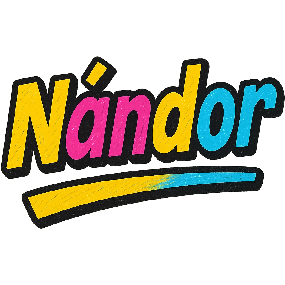 Nándor name in modern colorful gradient font with dark outline, dynamic slanted or partial underline, in the style of reference patterns emoji