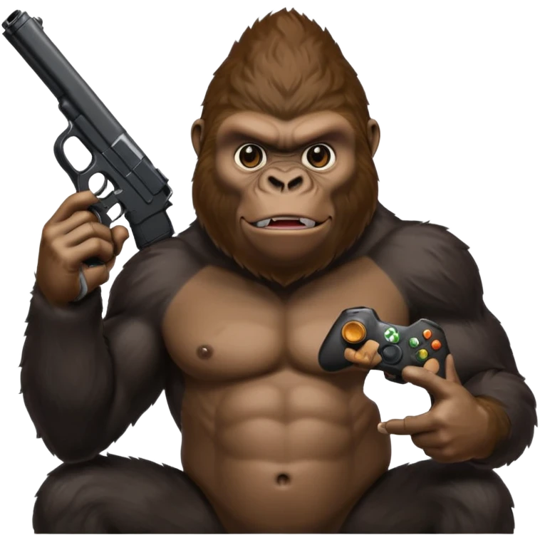 A gorilla holding a gun in the air with a Xbox controller  emoji
