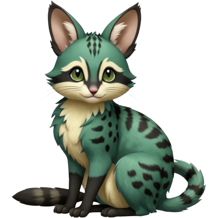 Dark-Green, black-pointed, soft natural realistic romantic vintage antique divine beautiful elegant pretty precious cute young youthful  Fakémon-Pokémon-opossum-feline-serval-caracal-chinchilla-Minccino-Cinccino-Meowstic-rodent-hybrid-creature with a big fluffy bushy tail (full body) emoji