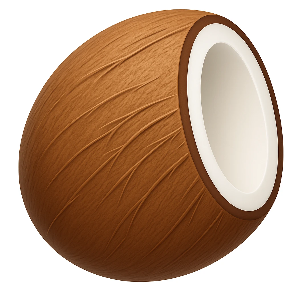 Create a coconut emoji that looks exactly like the reference image in the style of iOS emojis. The emoji should have a 3D appearance with shiny, smooth gradients, soft shadows, and a realistic coconut texture, capturing the classic emoji look. Add a subtle highlight to the shell. emoji