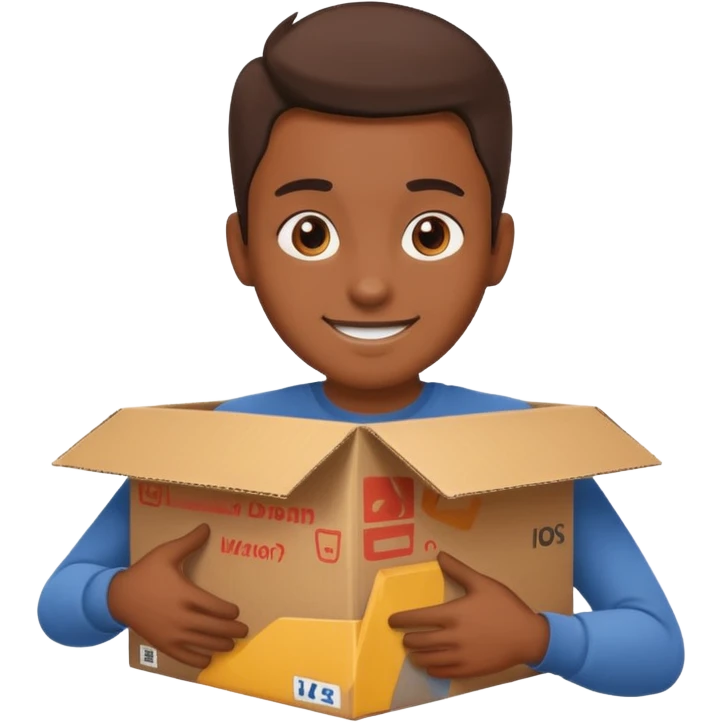Generate a realistic emoji-style icon of the a person clever packing a package. That he´s clever by packing a box has to be easily noticed. emoji