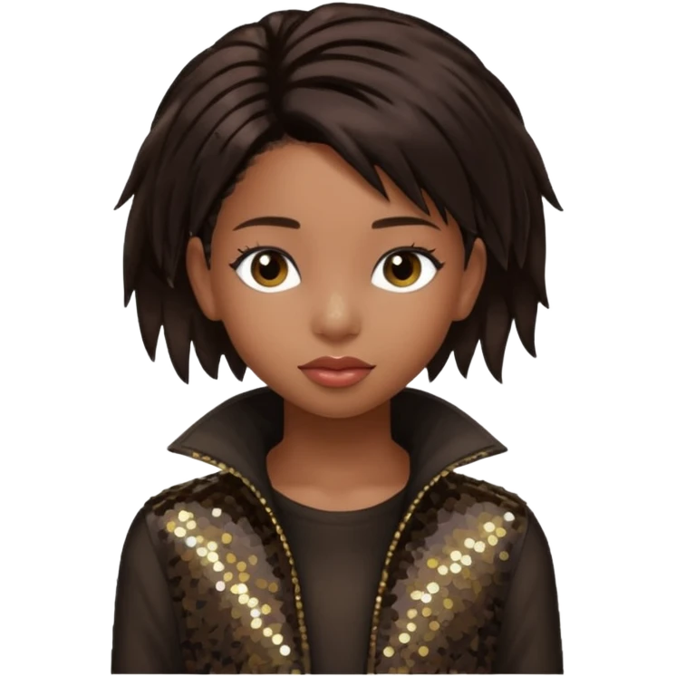 Willow Smith with long dark brown hair, dark brown sequin outfit emoji